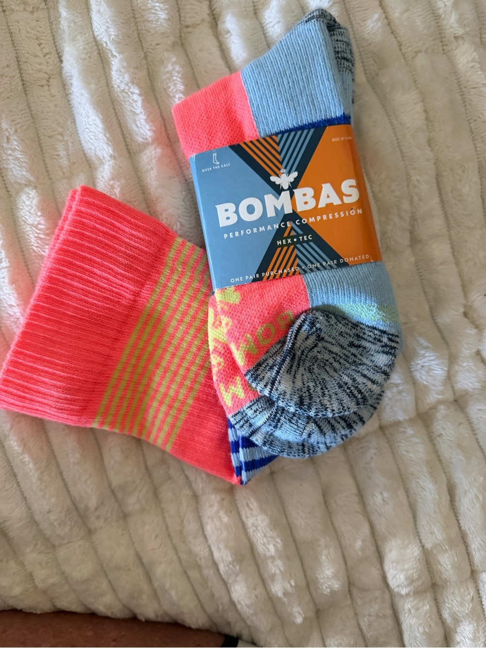 Bombas Performance Compression Over-the-Calf Socks, Neon Coral & Light Blue